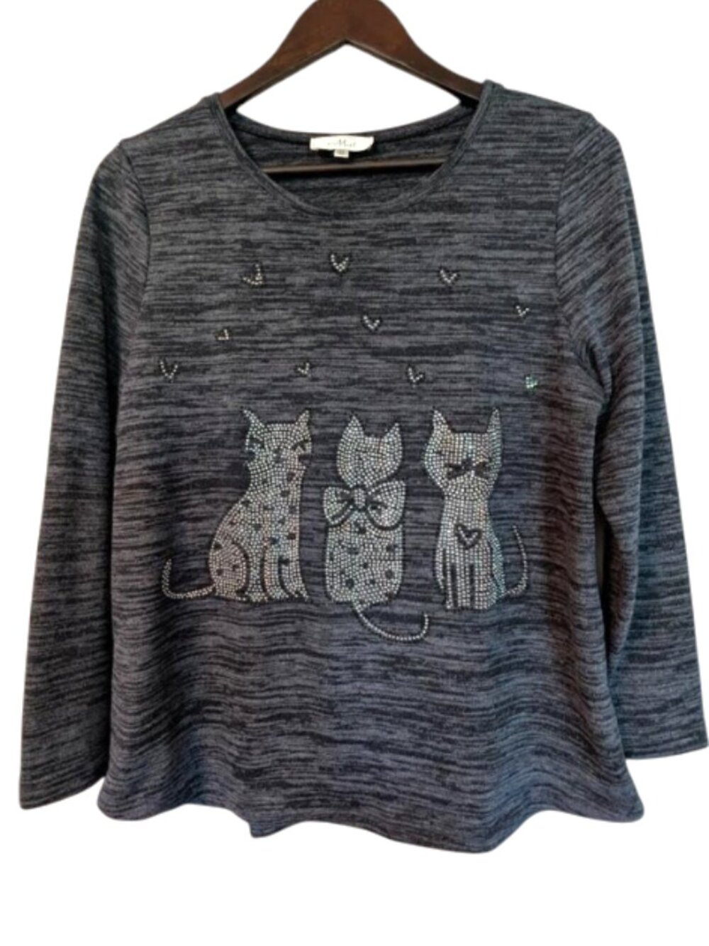 Les Collections Mat Cat Rhinestone Top Gray Heather Knit Long Sleeve Size M